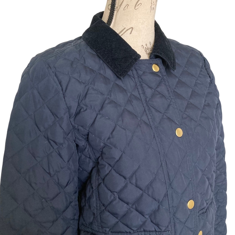 J. Crew Barn Quilted down Jacket Coat size S Navy Blue Corduroy collar Preppy - Picture 12 of 17